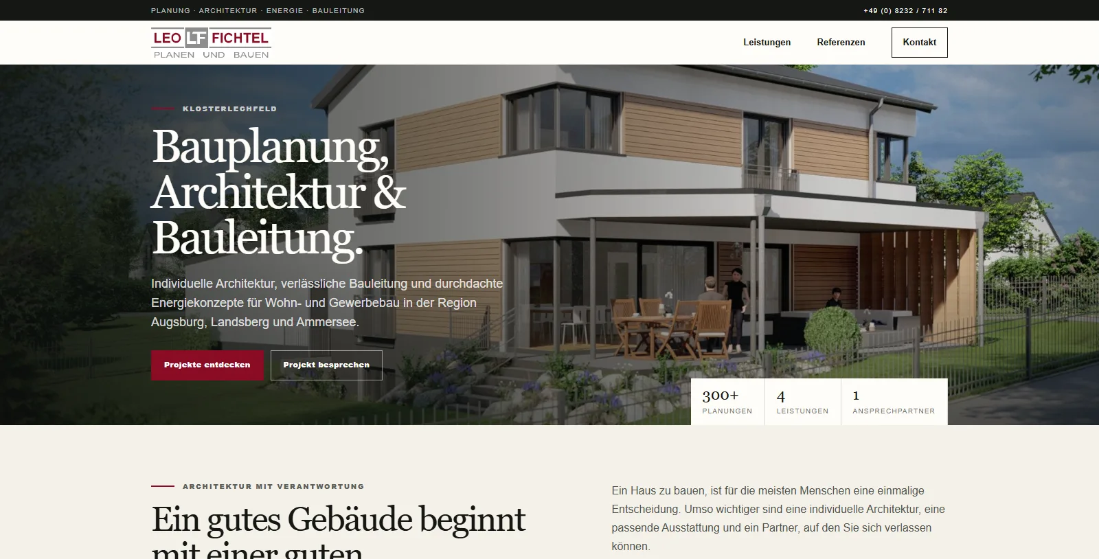 Erste Ansicht der Website von Leo Fichtel – Planen und Bauen: Bauplanung, Architektur und Bauleitung, mit der Visualisierung eines Einfamilienhauses